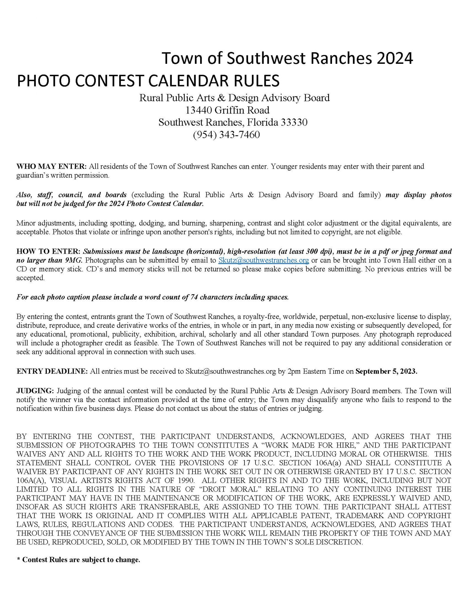 2024 Photo Contest Rules and Entry Form Southwest Ranches, Florida